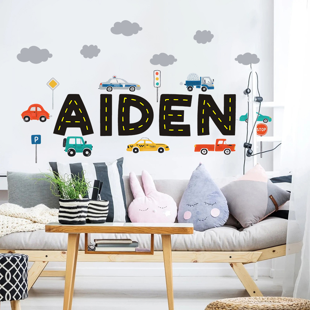 Baby Nursery Wall Stickers - Custom Name Construction Vehicles Truck Wall