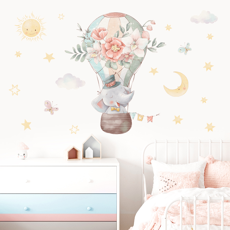 Baby Nursery Hot Air Balloon - Cartoon Elephant Hot Air Balloon Watercolor