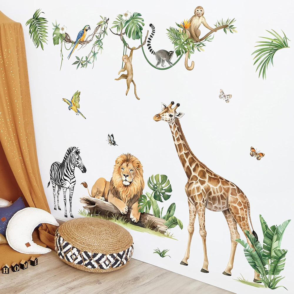 Baby Nursery Wall Stickers - Large Jungle Animal Tropical Leaves Wall