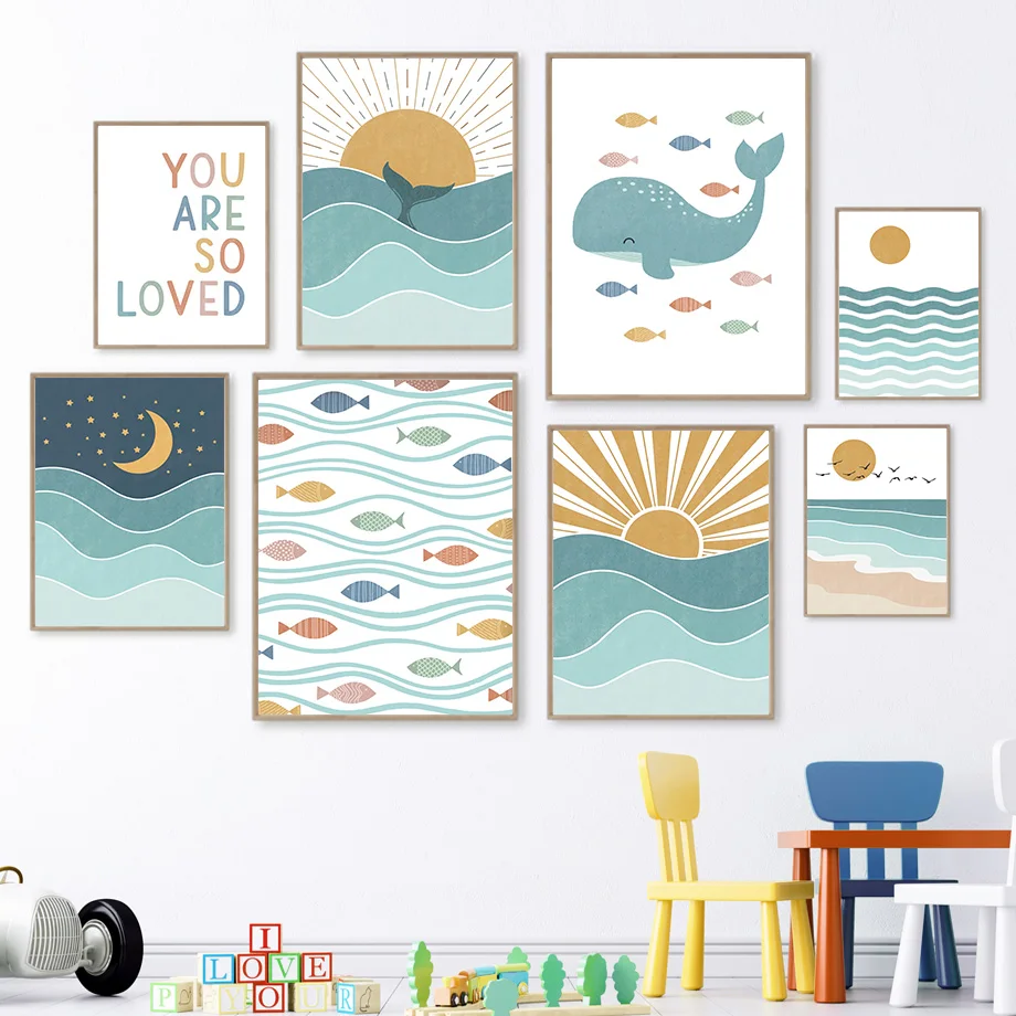 Baby Nursery Ocean - Fish Whale Seagull Sunrise Sunset Beach