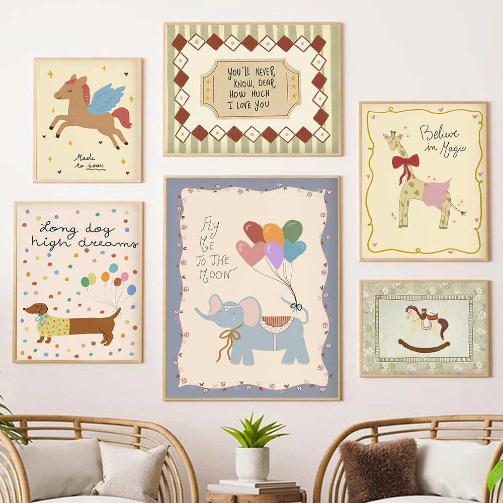 Baby Nursery Vintage Decor - Vintage Rocking Horse Giraffe Elephant Dachshund