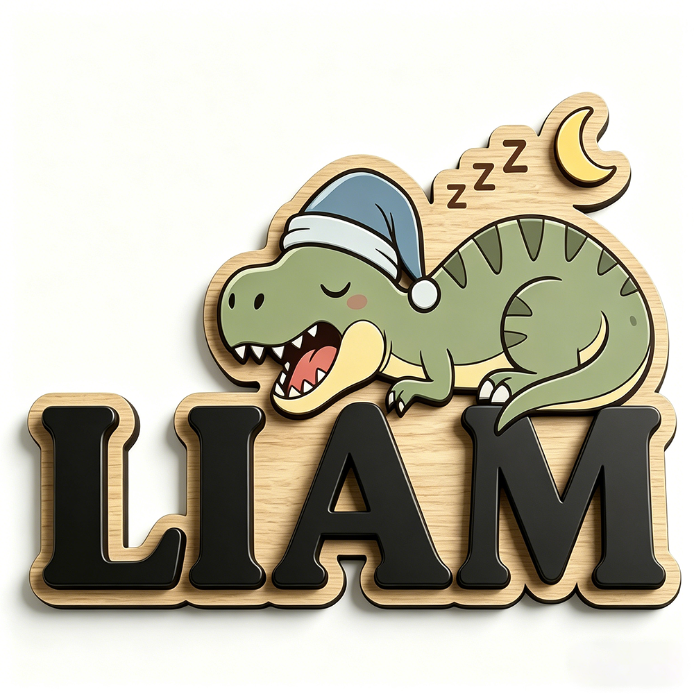 Baby Nursery - Personalized Sleepy Dinosaur Name Sign, Wooden