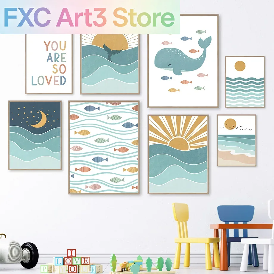 Baby Nursery Ocean - 1pc frameless,Fish Whale Seagull Sunrise Sunset