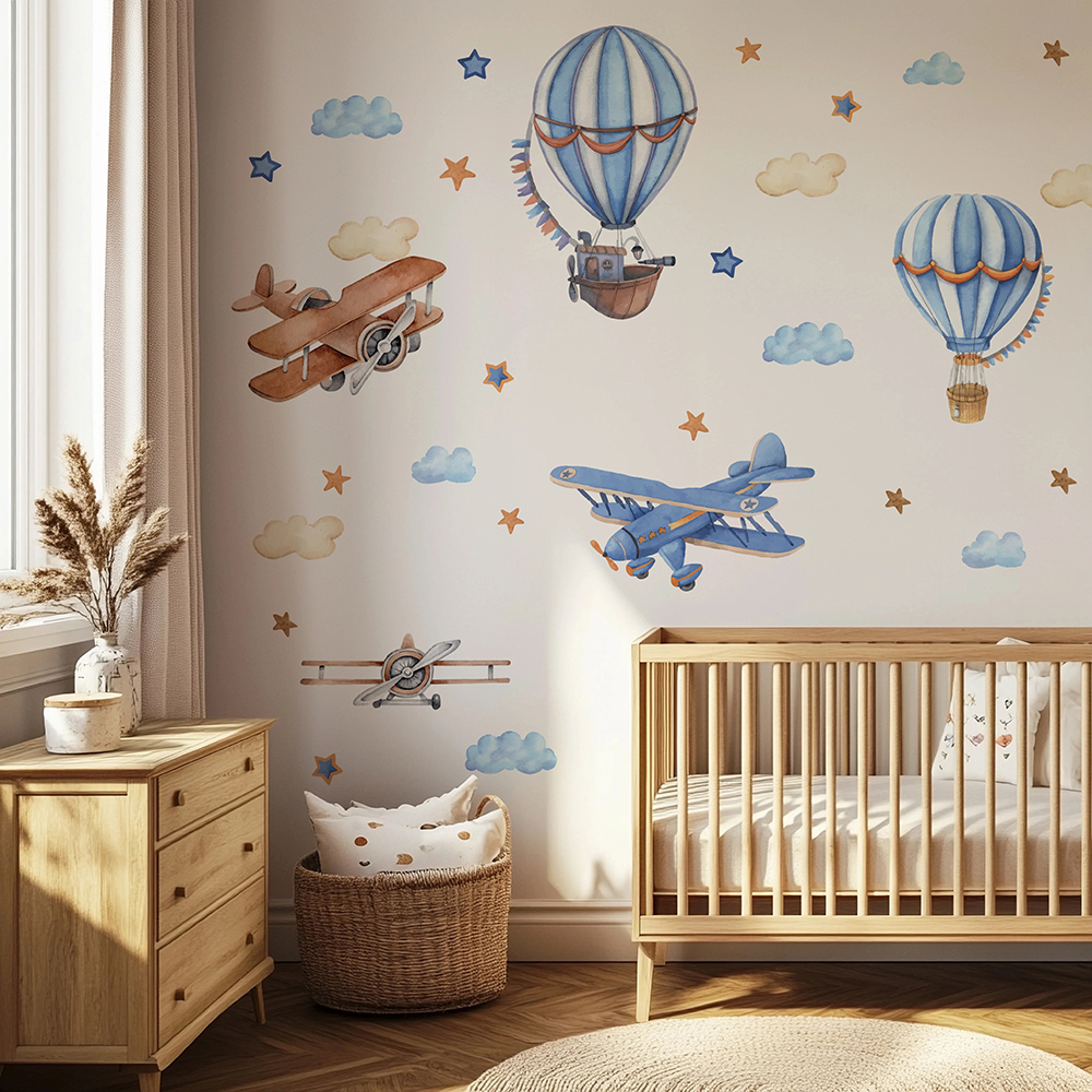 Baby Nursery Wall Stickers - Cartoon Airplanes Hot Airballoon Wall Stickers