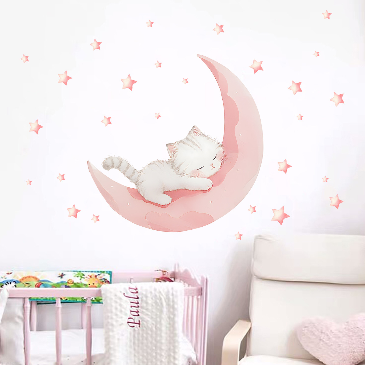 Cartoon Pink Moon Cute Cat Sle - Baby Nursery Wall Stickers review and price