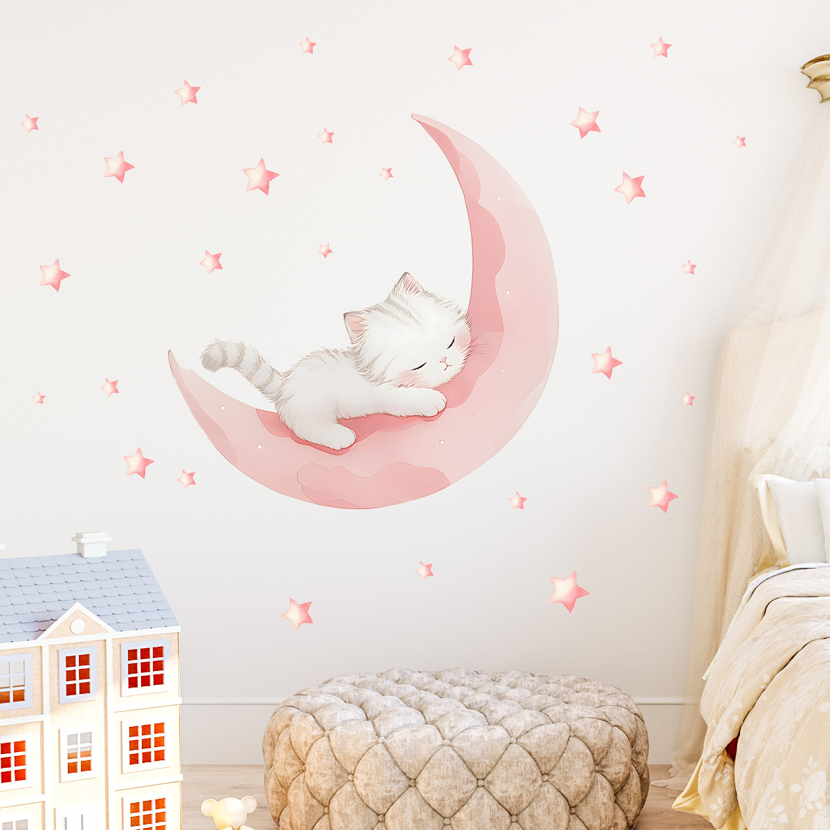 Cartoon Pink Moon Cute Cat Sle - Baby Nursery Wall Stickers review and price