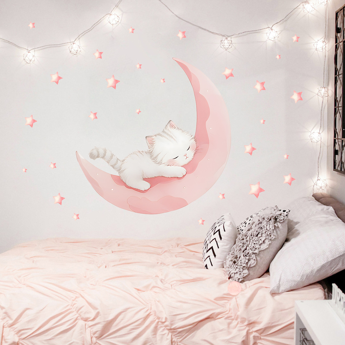 Cartoon Pink Moon Cute Cat Sle - Baby Nursery Wall Stickers review and price