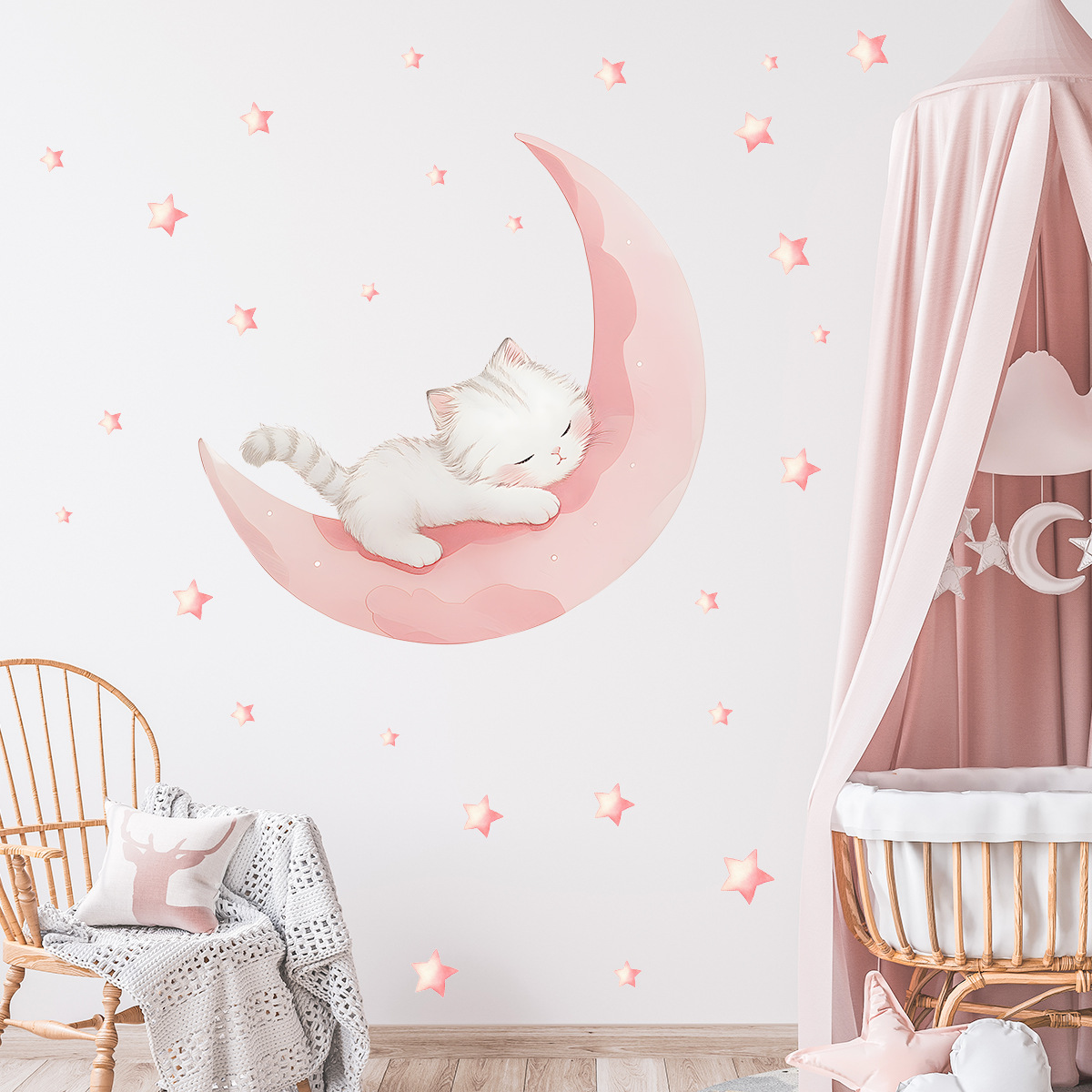 Cartoon Pink Moon Cute Cat Sle - Baby Nursery Wall Stickers review and price