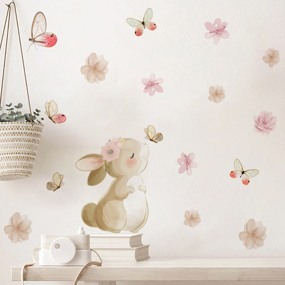 Cartoon Rabbit Flowers Butterf - Baby Nursery Wall Stickers review and price