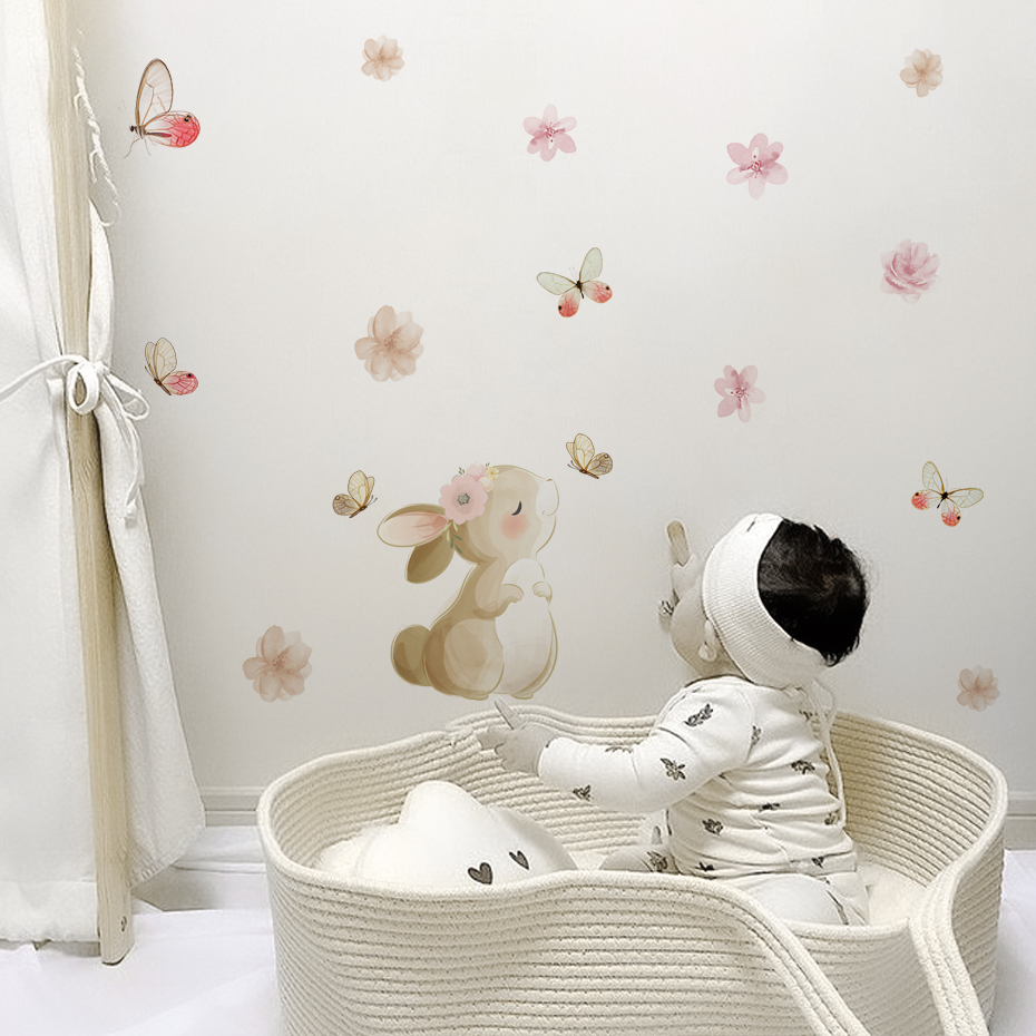 Cartoon Rabbit Flowers Butterf - Baby Nursery Wall Stickers review and price