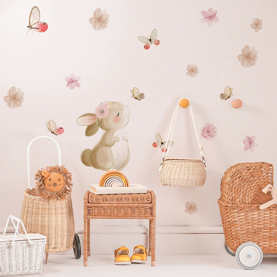 Cartoon Rabbit Flowers Butterf - Baby Nursery Wall Stickers review and price