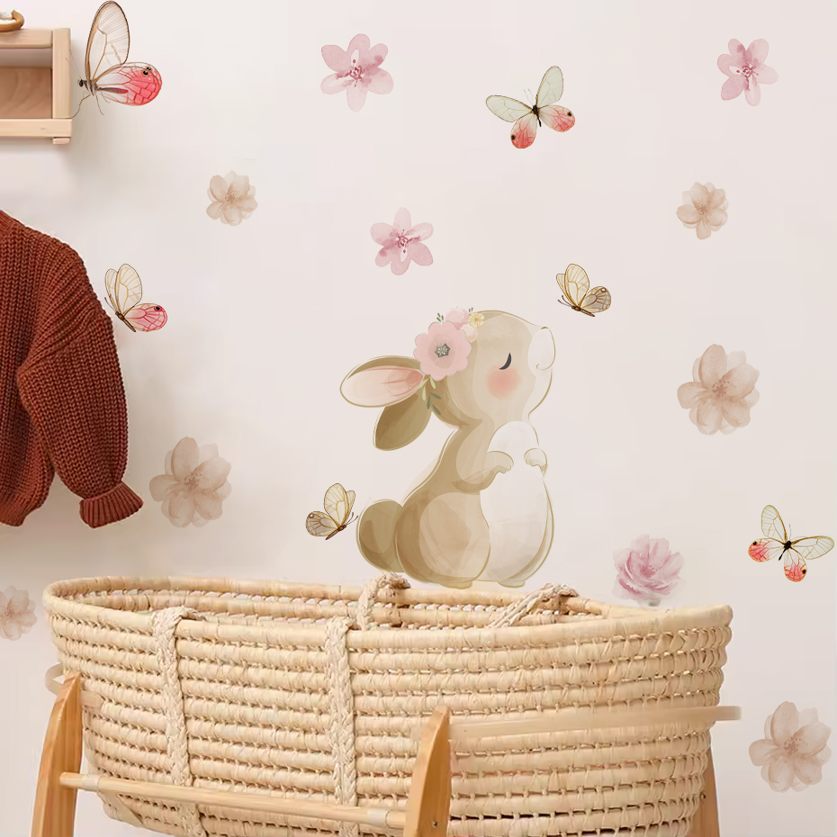 Cartoon Rabbit Flowers Butterf - Baby Nursery Wall Stickers review and price