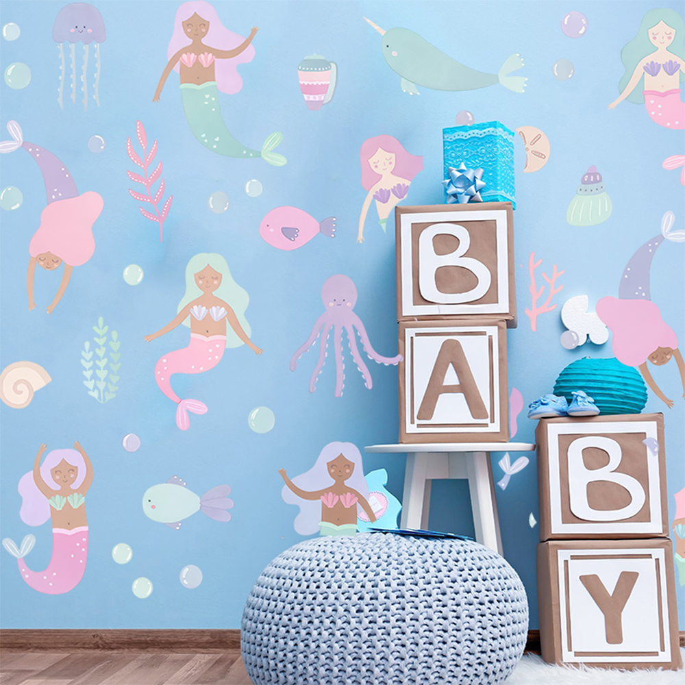 Watercolor Mermaid Wall Sticke - Baby Nursery Ocean review and price