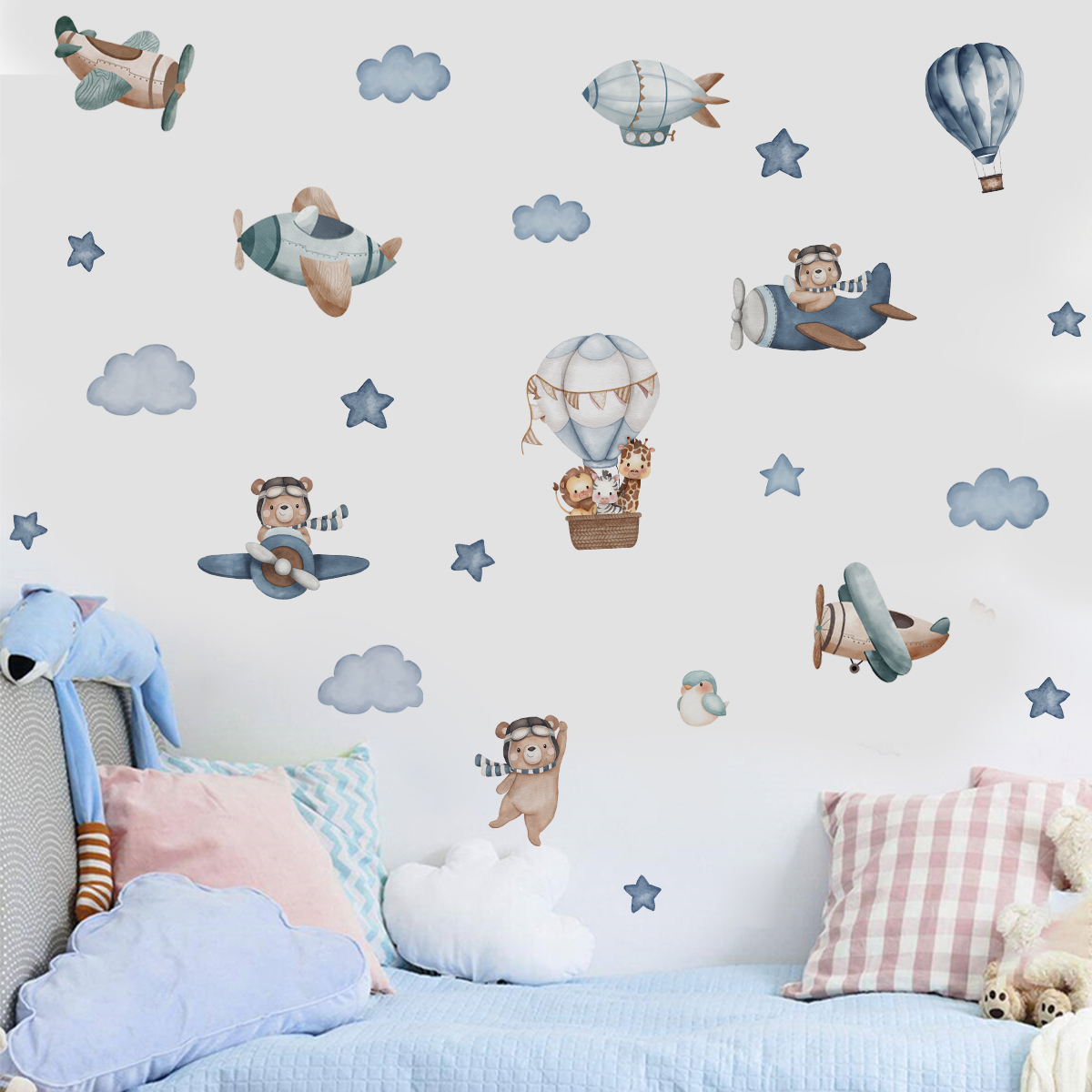 Watercolor Animals Hot Air Bal - Baby Nursery Wall Stickers review and price
